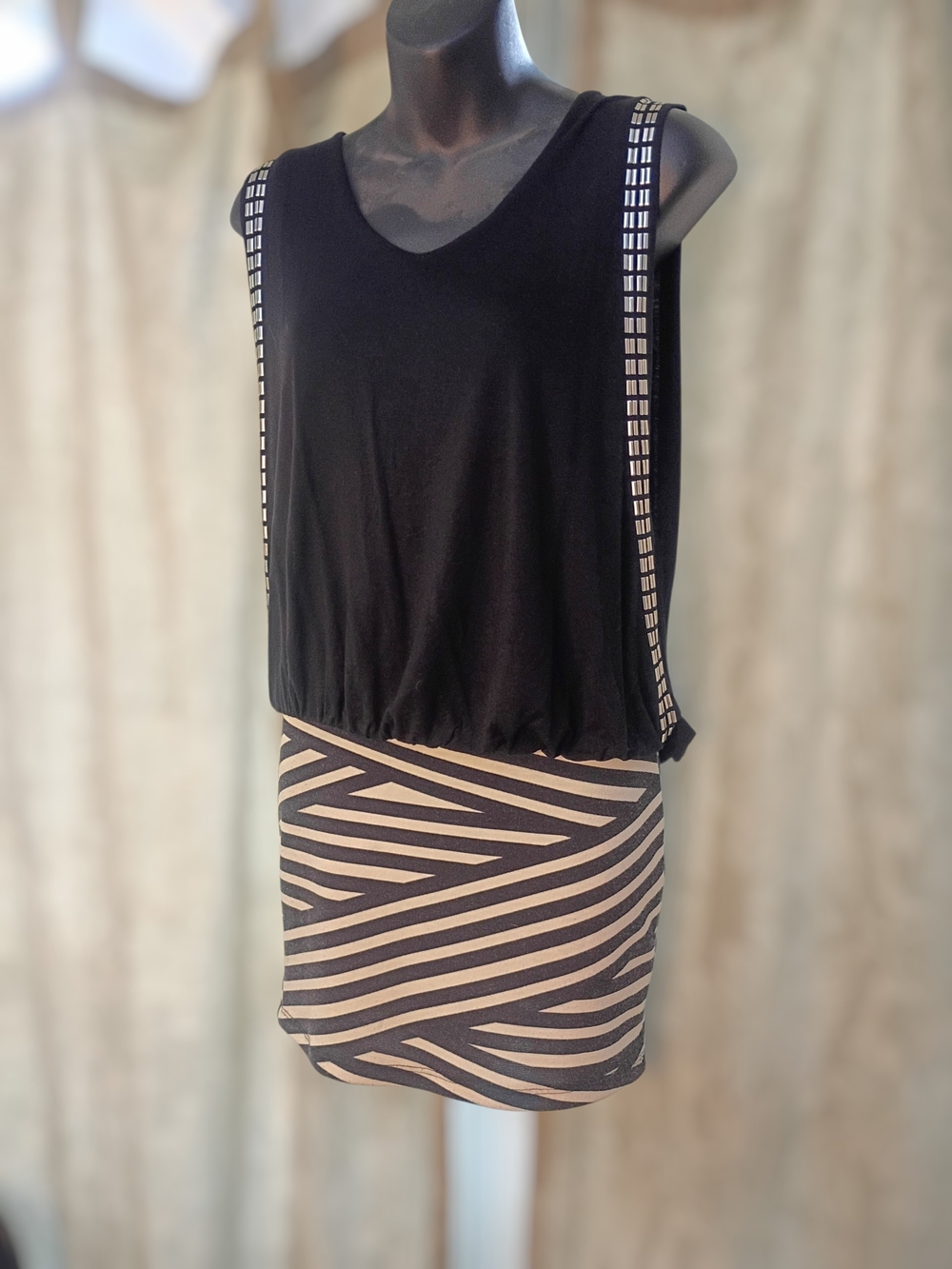Enfocus Studio / NaMU Black & Tan Striped Bandage Blouson Mini Dress